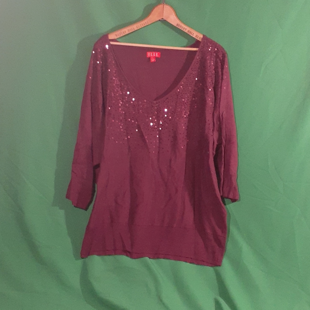 Elle sz 1x maroon 3/4 sleeve sequin sweater